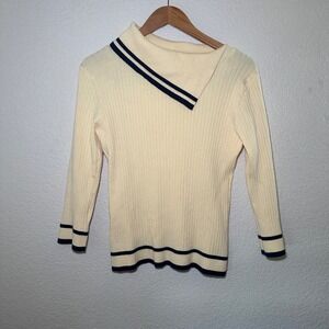 AGB Womens XL Off Shoulder Collar Sweater Pale Yellow Navy Blue Preppy Academia